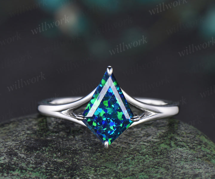 Kite cut black opal bridal ring set 14k white gold unique split shank engagement ring infinity wedding ring set women