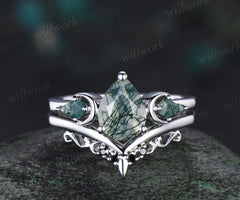 Three stone kite pear green moss agate engagement ring solid 14k white gold vintage black spinel moon bridal promise ring women