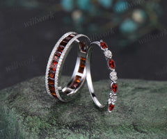 Princess cut garnet full eternity band dainty garnet rose floral wedding ring dazzling romantic ring set for couple