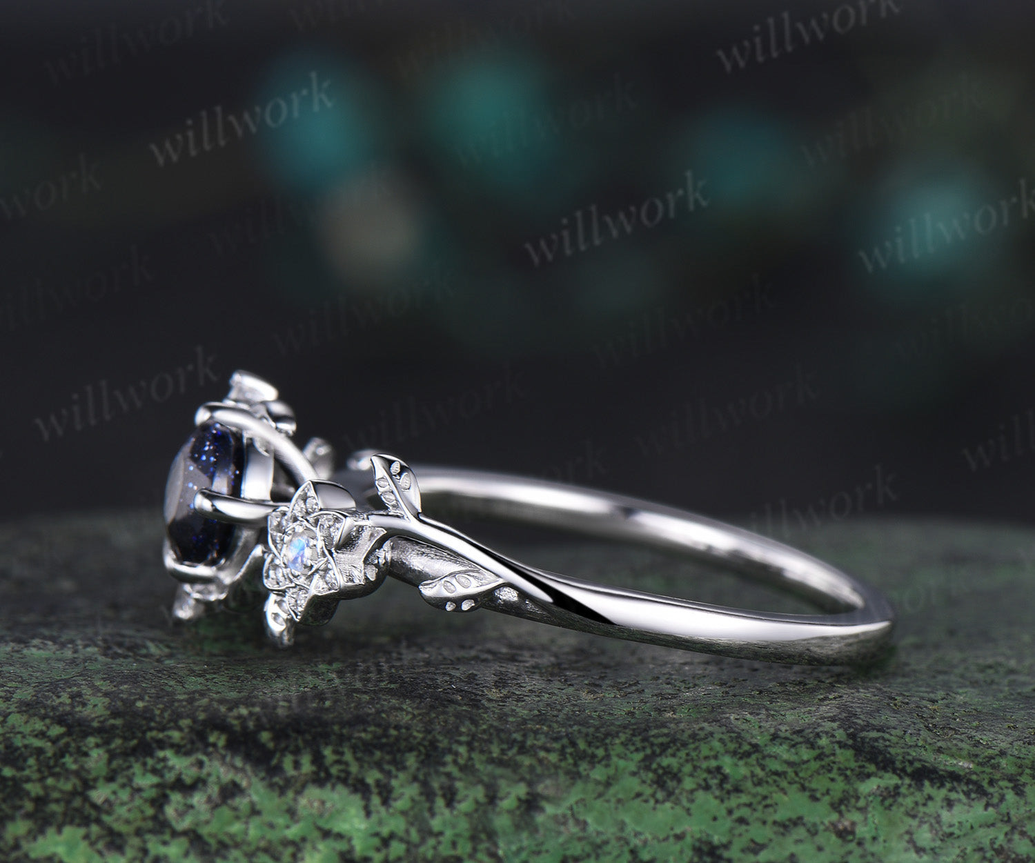 Nature Inspired Round Galaxy Blue Sandstone moonstone Wedding Ring Nature Inspired Round Galaxy Blue Sandstone moonstone Wedding Ring