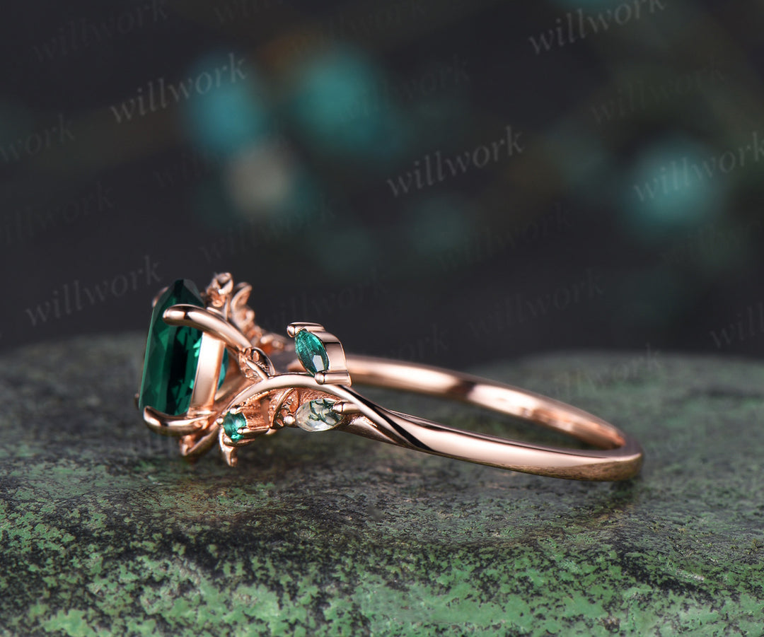 Oval cut green emerald Engagement Ring 14k rose gold leaf moss agate ring vintage Nature Inspired anniversary gift gemstone