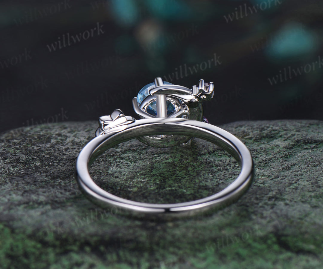Round cut aquamarine engagement ring white gold moon amethyst ring vintage floral diamond wedding anniversary ring gift