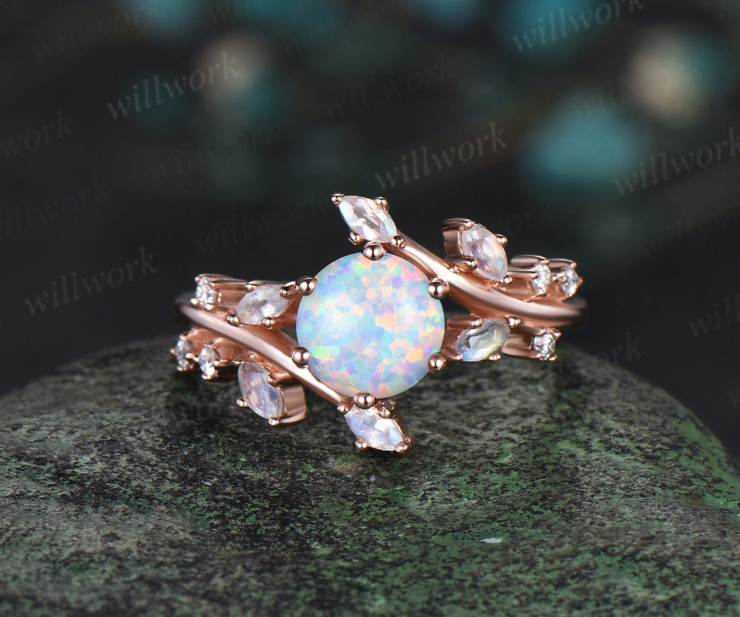 Round white opal engagement ring 14k rose gold twisted art deco cluster moonstone alexandrite bridal wedding ring set women