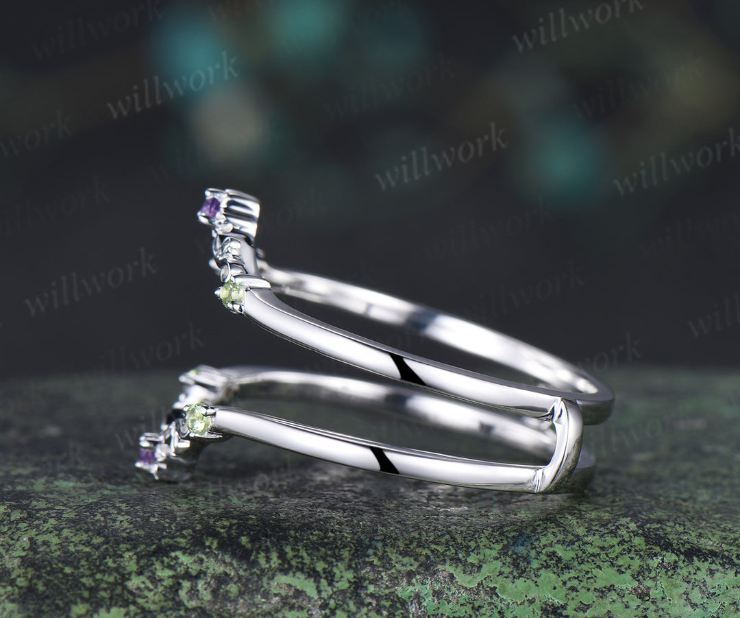 Dainty amethyst floral peridot wedding band white gold leaf enhancer ring stackable double layer wedding ring for women