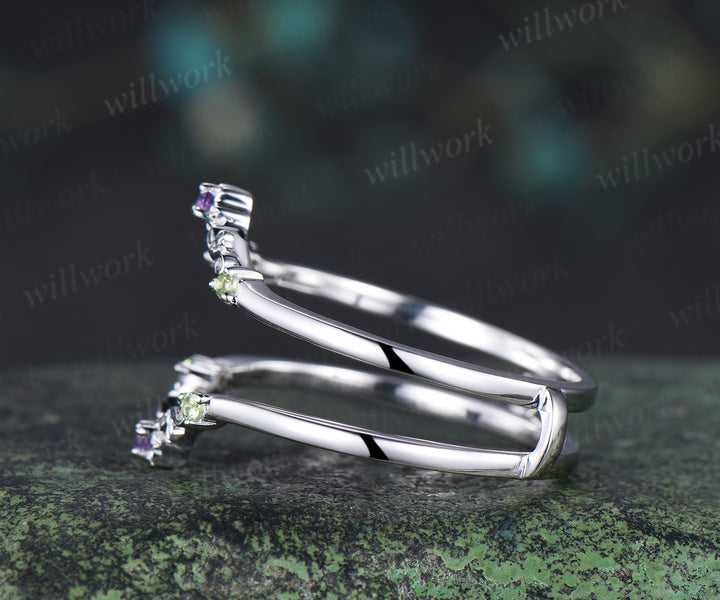Dainty amethyst floral peridot wedding band white gold leaf enhancer ring stackable double layer wedding ring for women