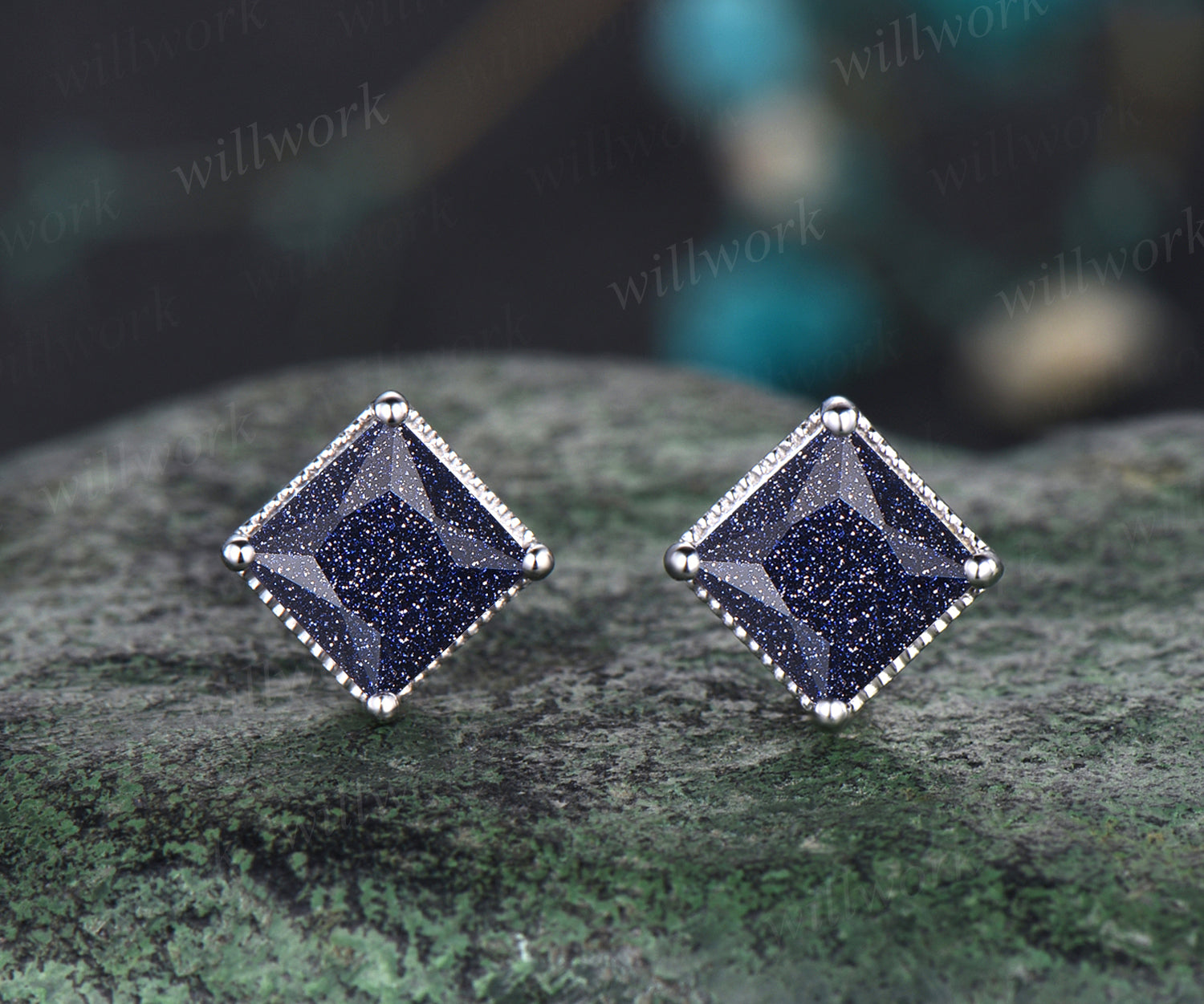 Milgrain Princess Cut Blue Sandstone Solitaire Earrings Vintage Antique  Blue Gemstone Galaxy Healing Stud Earrings Delicate Night Sky Promise  Earrings