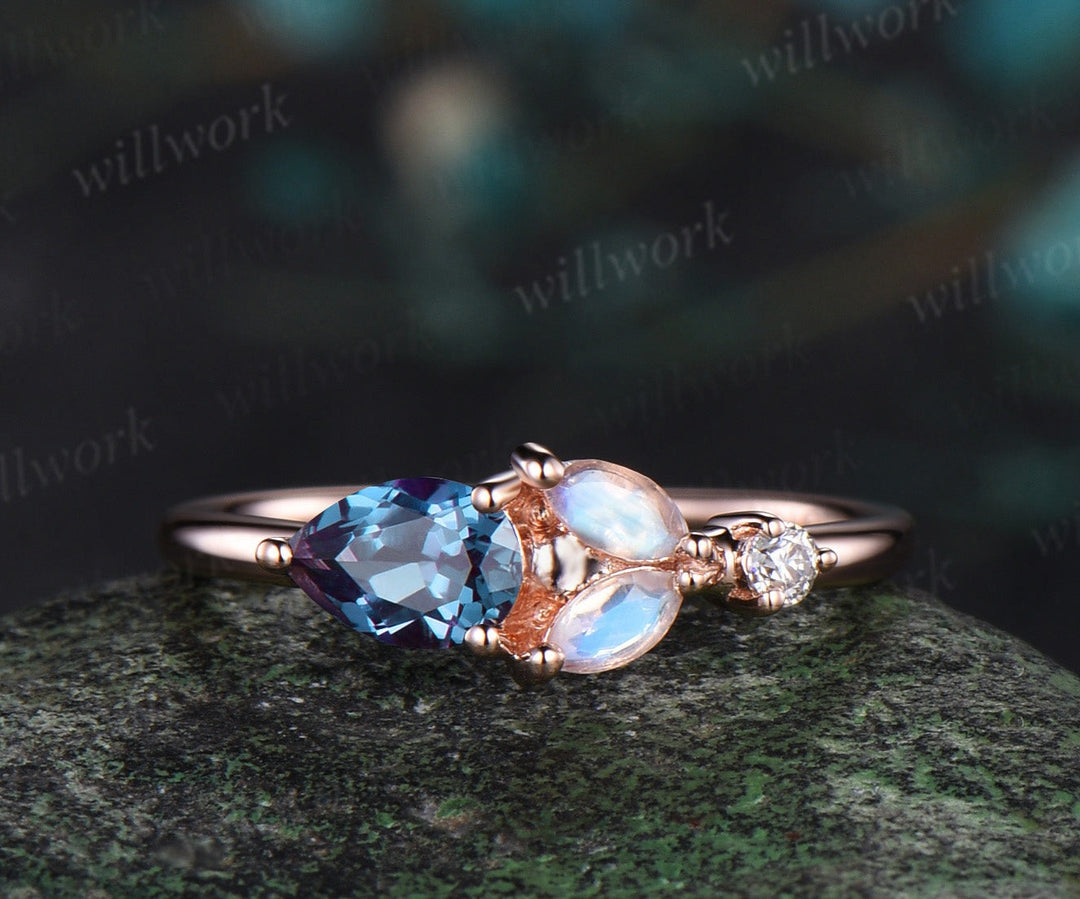 Pear alexandrite engagement ring rose gold five stone moonstone dainty Multi-Stone Rings unique June birthstone anniversary ring women