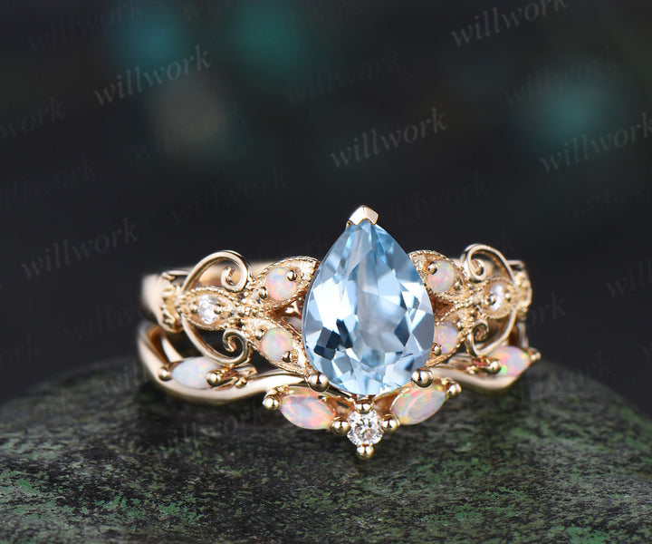 Pear shaped aquamarine ring 14k yellow gold opal butterfly Milgrain engagement ring set women art deco unique bridal ring set