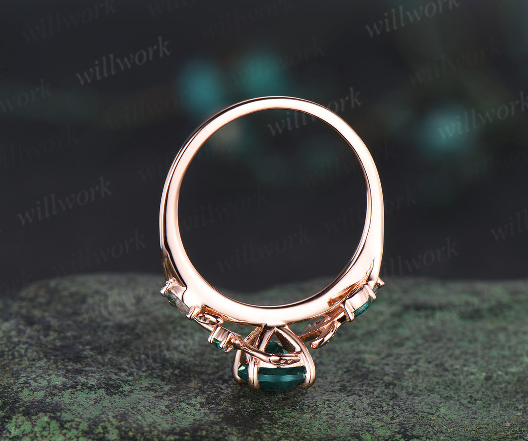 Oval cut green emerald Engagement Ring 14k rose gold leaf moss agate ring vintage Nature Inspired anniversary gift gemstone