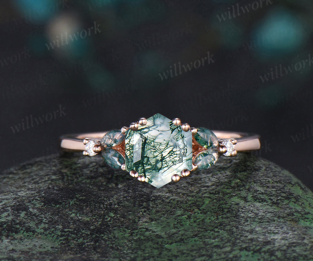 Hexagon cut moss agate ring rose gold cluster stacking moissanite ring set unique engagement ring women