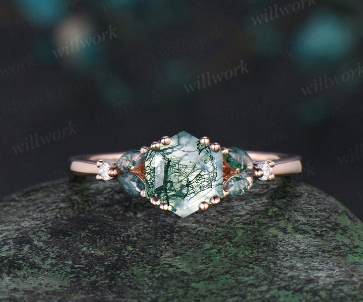 Hexagon cut moss agate ring rose gold cluster stacking moissanite ring set unique engagement ring women