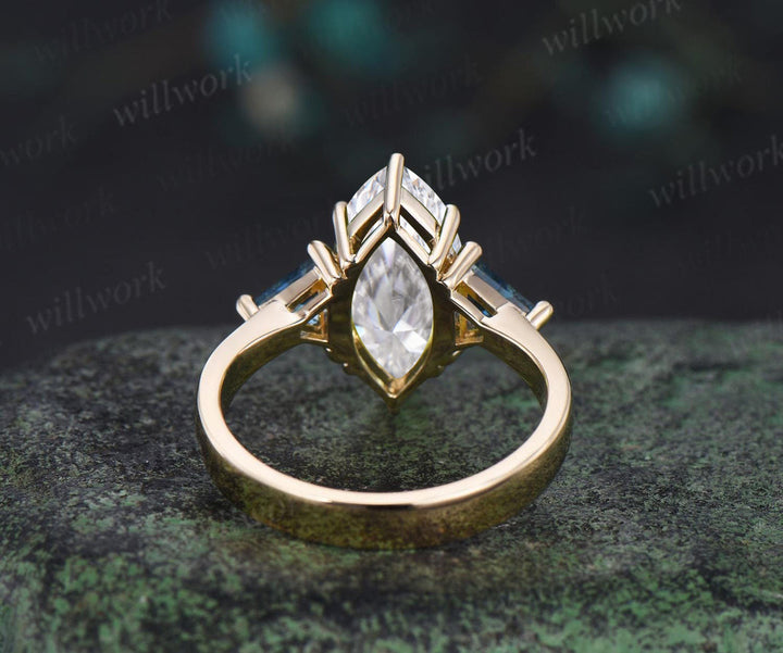 Marquise lab grown diamond engagement ring three stone trillion cut London blue topaz tapered band unique bridal ring