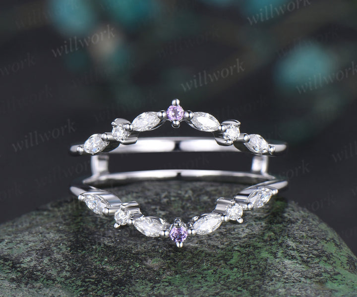Double curved diamond wedding band enhancer wraps solid 14k white gold amethyst wedding ring band women anniversary gift