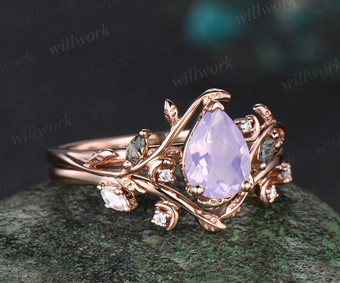Pear shaped Lavender Amethyst ring rose gold leaf nature inspired romantic engagement ring women art deco promise wedding bridal ring set