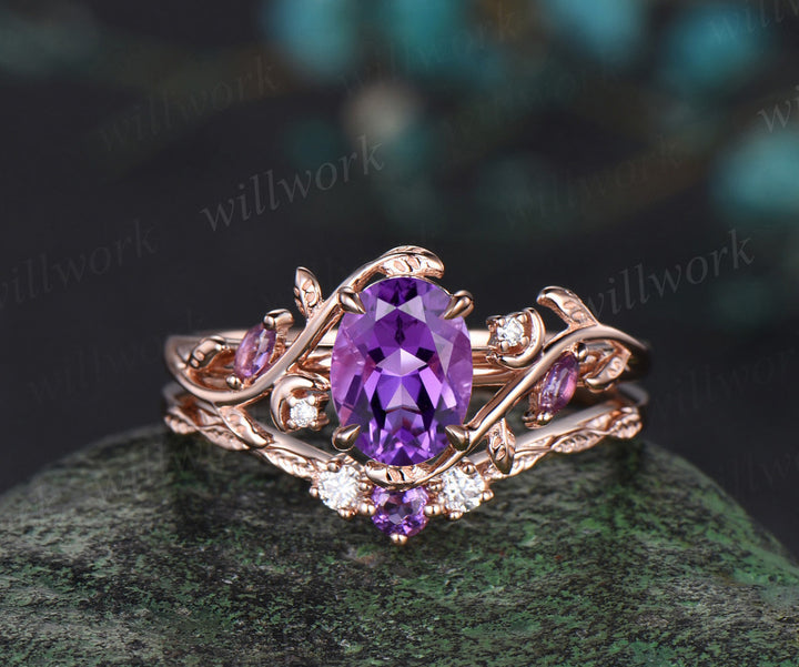 Oval Cut Natural Amethyst Engagement Ring Set February Birthstone Amethyst Moon Ring Leaf Nature Inspired 2pcs Bridal Ring Set