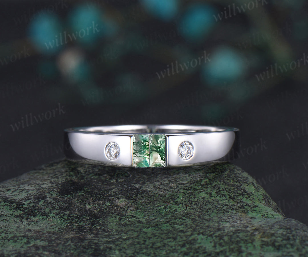 Baguette cut moss agate wedding band men four stone diamond mens wedding ring band unique engagement anniversary gift