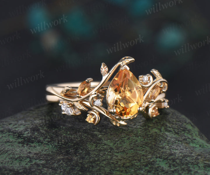 Vintage pear shaped citrine engagement ring yellow gold twisted leaf moon Crystal gemstone wedding anniversary ring set gift