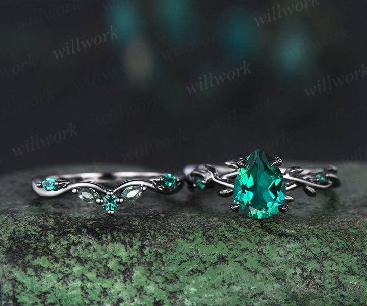 Black Gold Pear Emerald Engagement Ring Set Twig Vine Wedding Ring Gothic Promise Rings