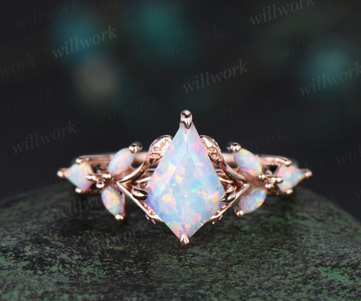 Kite cut white opal engagement ring 14k rose gold vintage leaf kite opal ring women nature inspired anniversary gift