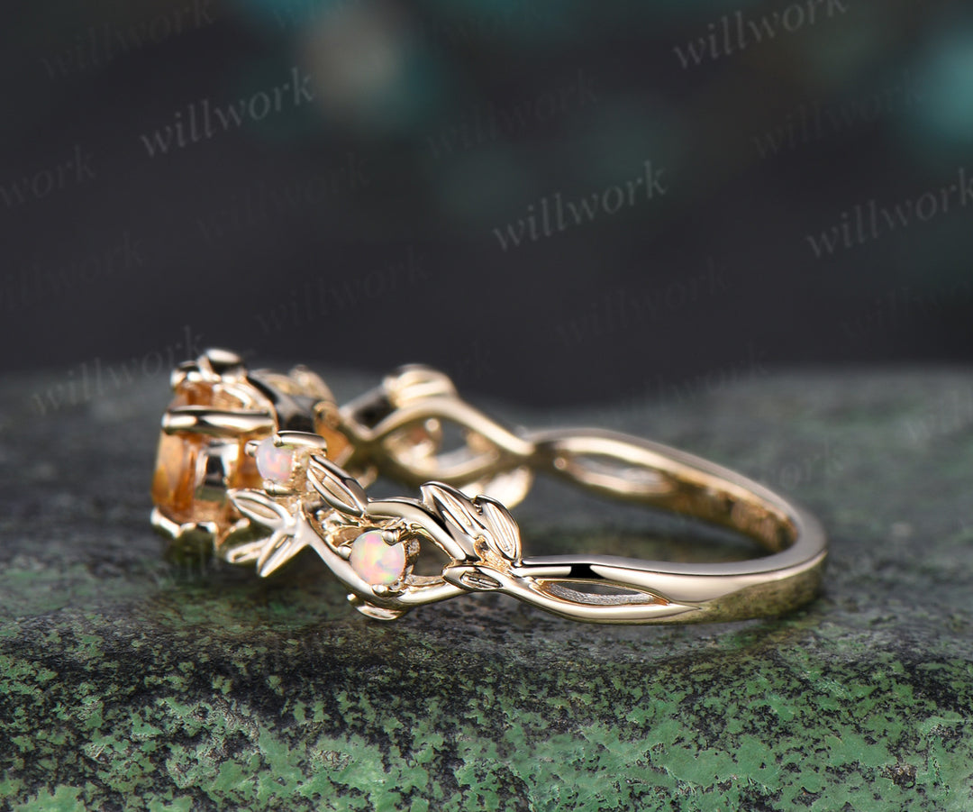 Round cut natural yellow sapphire Engagement Ring moon leaf star opal ring 14k gold vintage Nature Inspired  unique wedding ring women