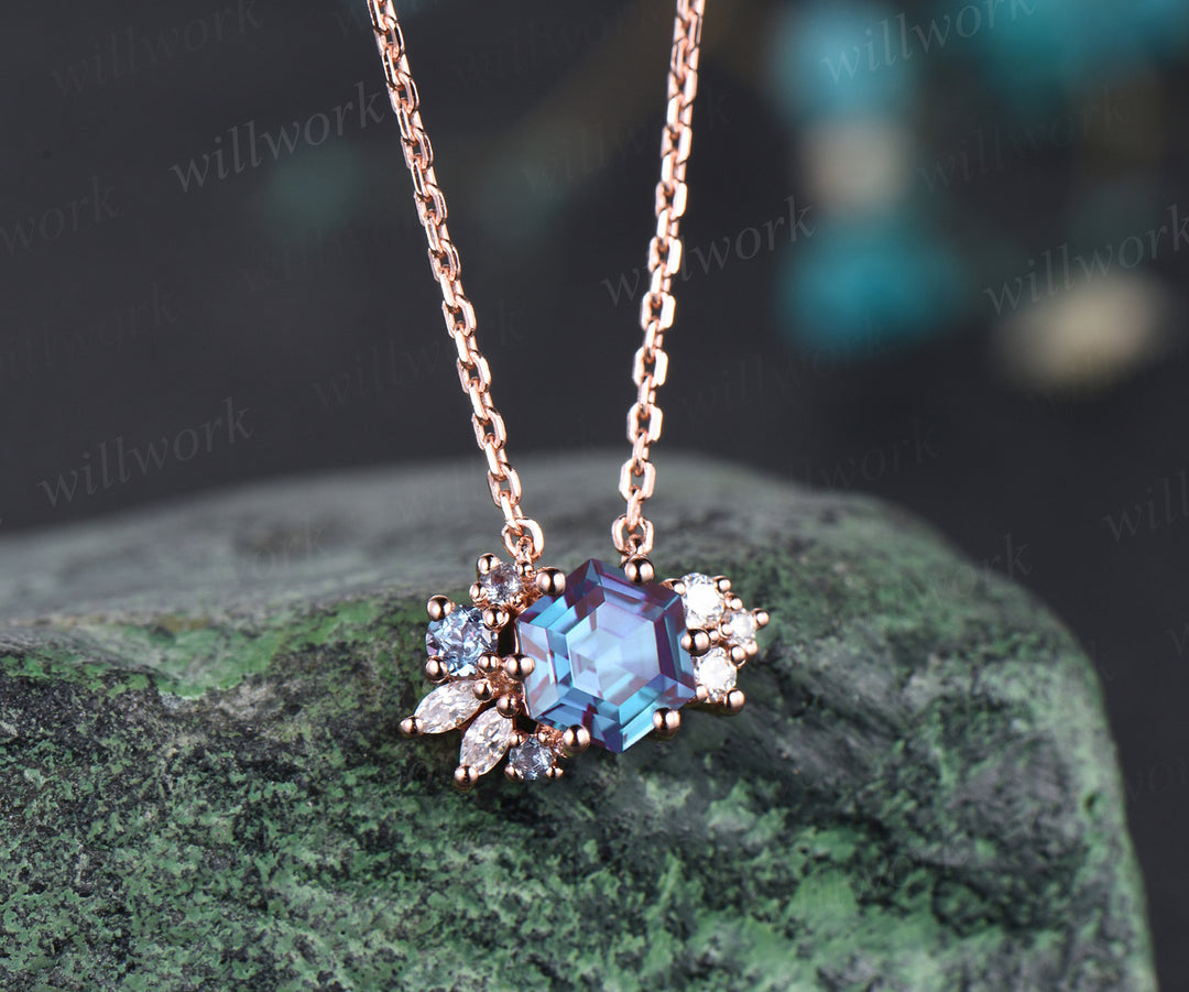 Hexagon alexandrite necklace moissanite art deco cluster pendant 14k/18k rose gold necklace birthstone anniversary gifts for women