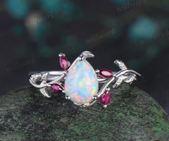Pear shaped opal engagement ring white gold leaf branch marquise ruby wedding anniversary ring women gift