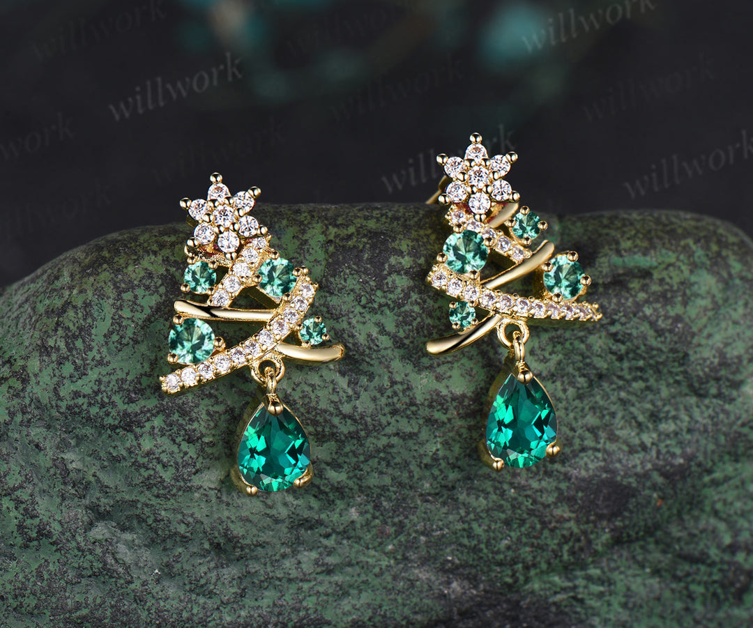 Christmas Tree Pear-cut Emerald Earrings Round Ruby Moissanite Earrings