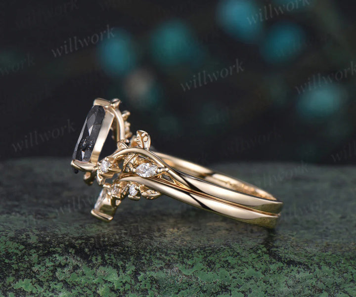 Vintage pear salt and pepper diamond engagement ring solid gold leaf branch nature inspired promise bridal ring set women