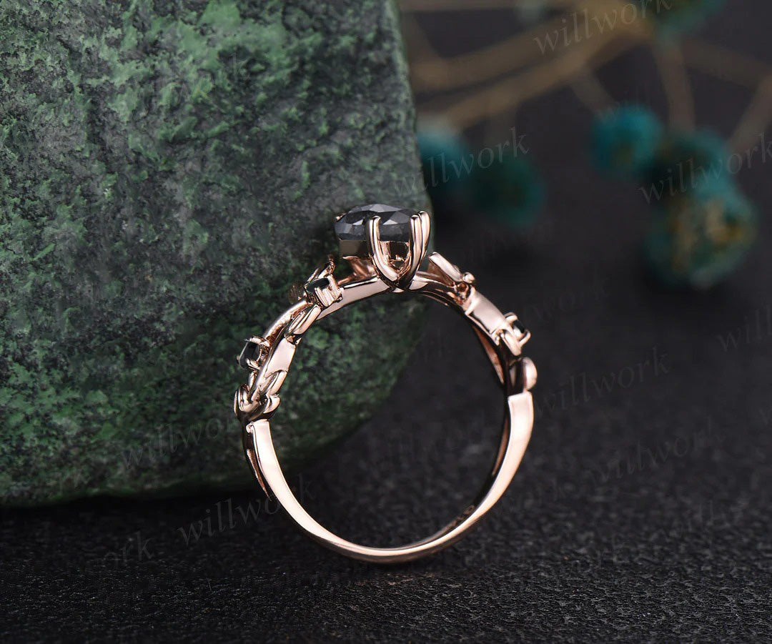 Leaf Kite Salt and Pepper Diamond Engagement Ring Nature Inspired Twig Black Diamond Accented Wedding Ring