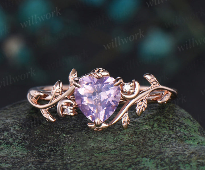 Vintage heart shaped Lavender Amethyst engagement ring rose gold twig leaf Nature inspired moon diamond anniversary ring women gift