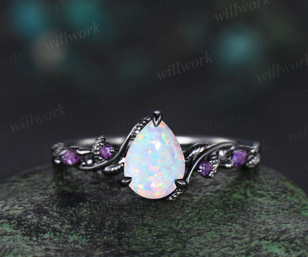 Nature Inspired Pear white opal pearl Bridal Set 14k black gold Unique Twig Vine Teardrop Engagement Ring Ring Set women