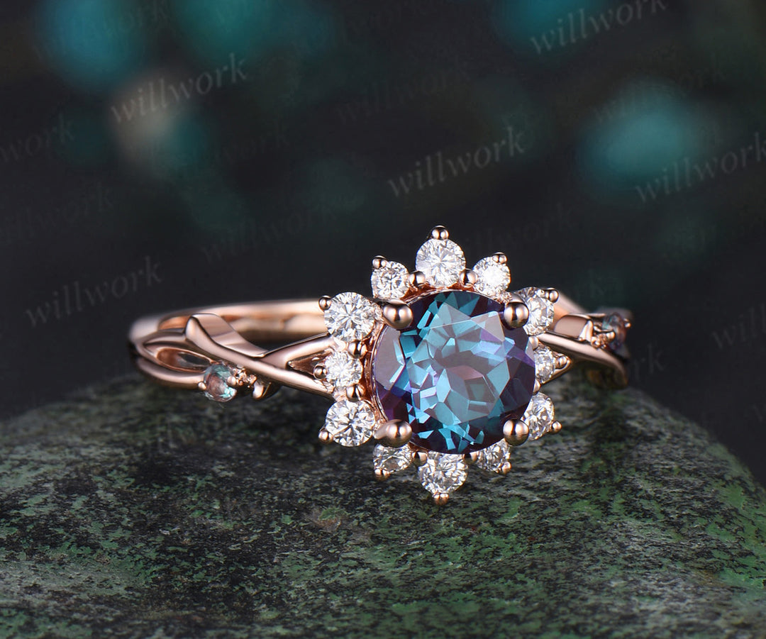 Round cut alexandrite engagement ring rose gold twisted branch vine halo diamond ring vintage promise bridal ring women