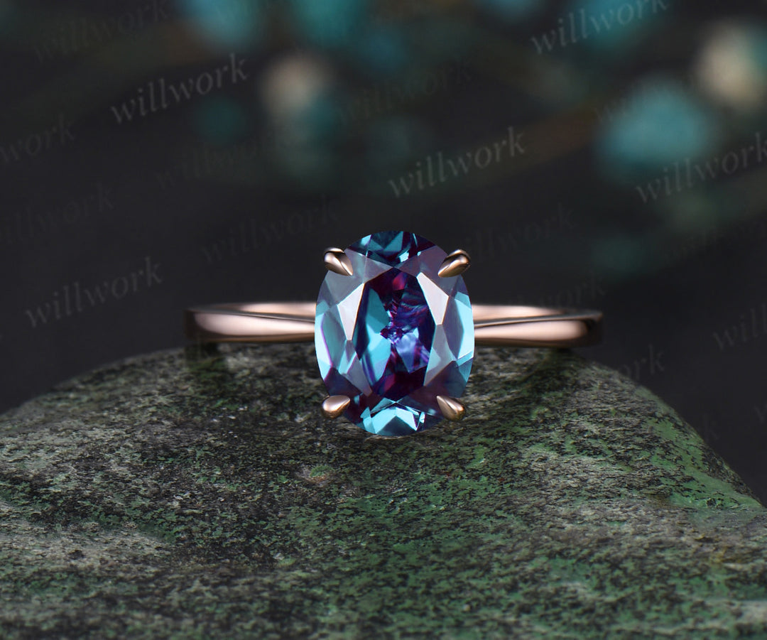 Oval cut Alexandrite engagement ring rose gold  four pong engagement ring Alexandrite ring gold vintage gift for her