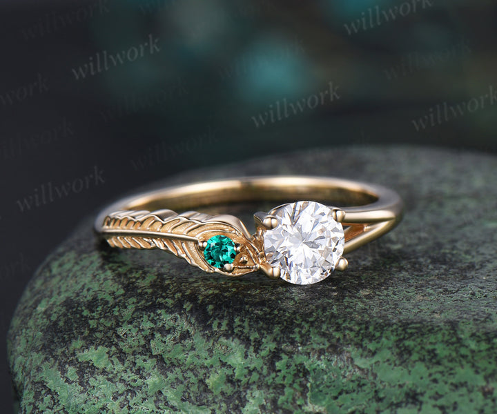 Vintage round cut Moissanite Engagement Ring solid 14k yellow gold Peacock Feather two stone emerald wedding promise ring women gift