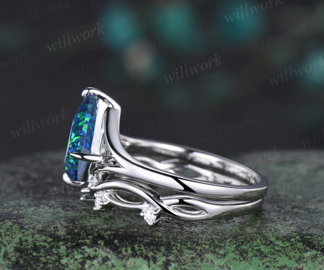 Kite cut black opal bridal ring set 14k white gold unique split shank engagement ring infinity wedding ring set women