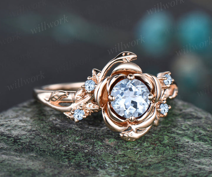 READY TO SHIP: Round Aquamarine Engagement Ring - 10k Rose Gold - Ring Size: 8 US