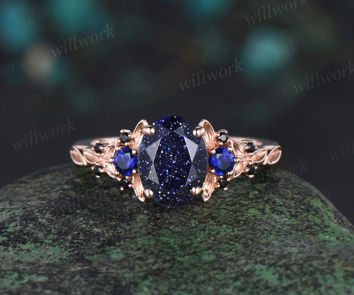 Vintage oval cut blue sandstone engagement ring rose gold leaf cluster antique sapphire black spinel anniversary ring women gift