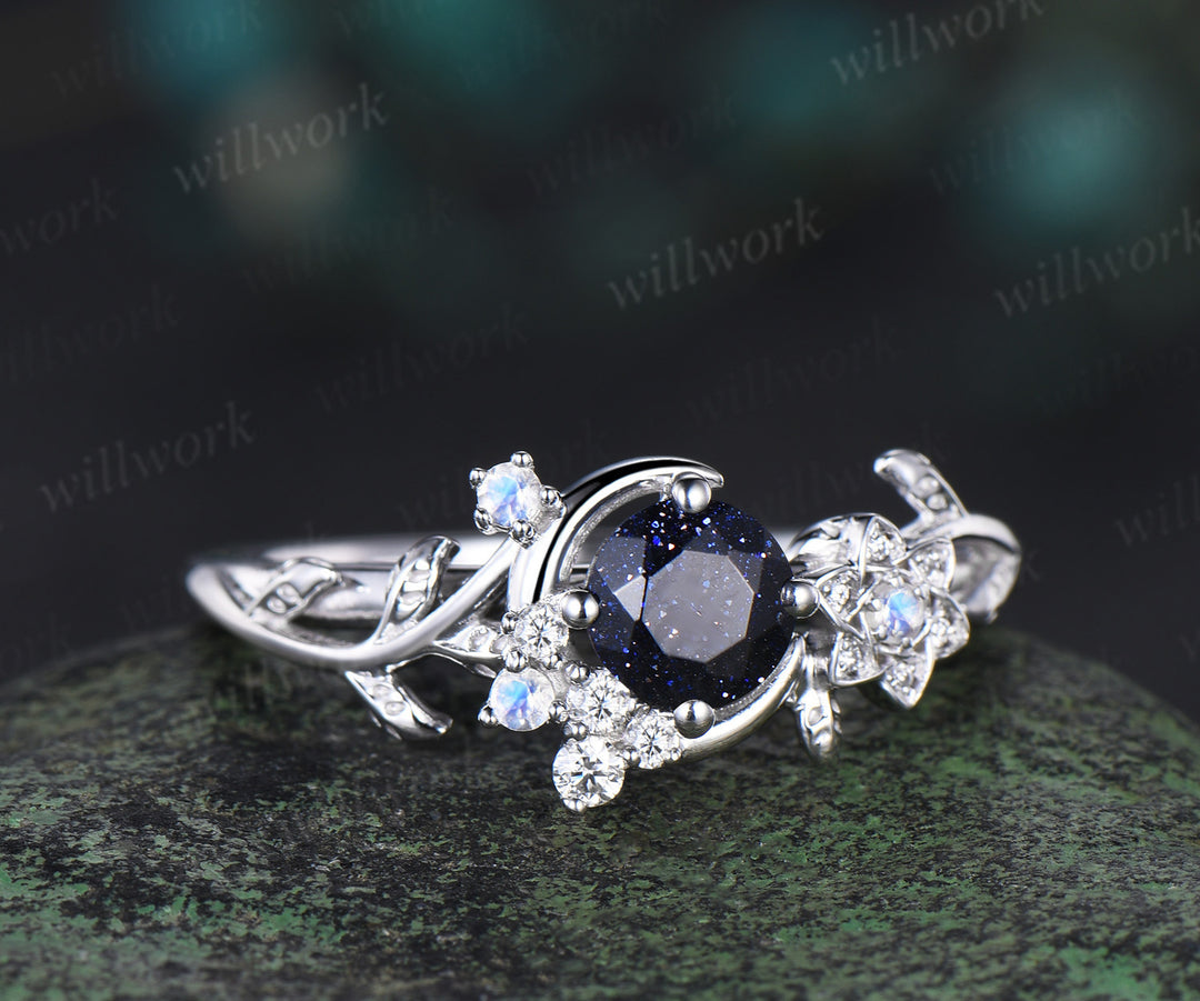 Nature Inspired Round Galaxy Blue Sandstone moonstone Wedding Ring Unique Moon Leaf Vine Blue Goldstone Engagement Ring Art Deco Promise Ring