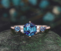 Hexagon cut Alexandrite engagement ring solid kite 6 prong 14k rose gold diamond ring unique promise wedding ring women