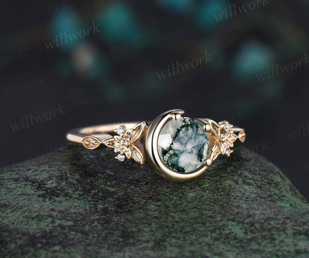 Vintage round cut moss agate engagement ring yellow gold butterfly Celtic knot moon diamond ring women unique anniversary wedding ring