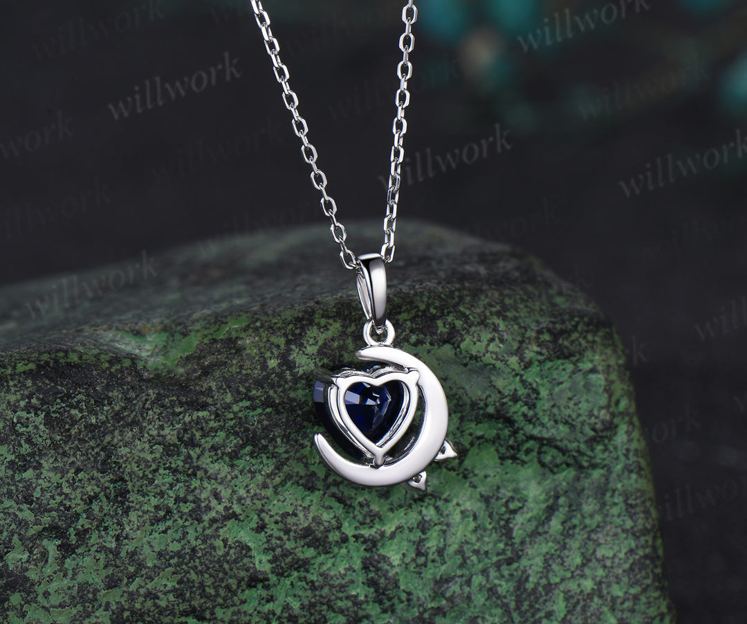 Vintage heart shaped blue sapphire necklace white gold cluster moon snowdrift diamond pendant women September birthstone anniversary gift