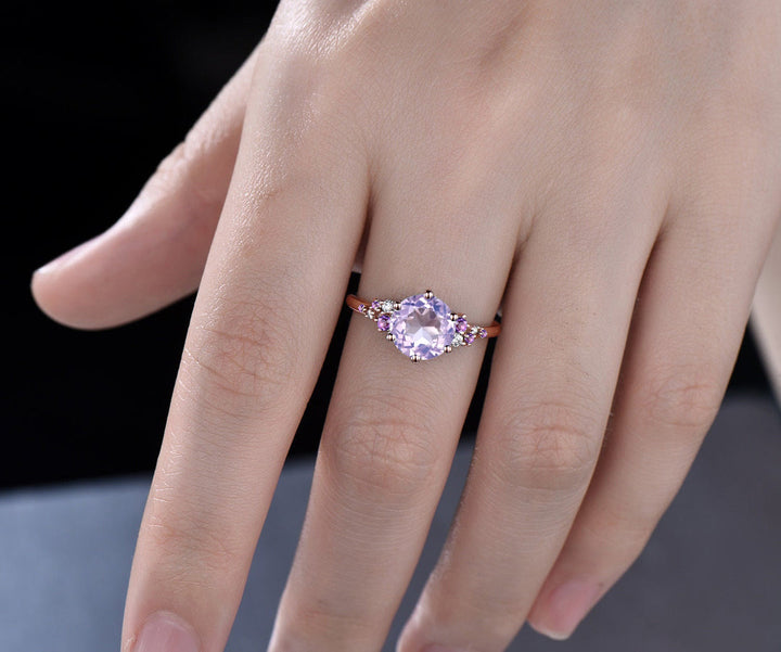 READY TO SHIP: Round Lavender Amethyst Engagement Ring - Silver Rose Plated - Ring Size: 6.5 US