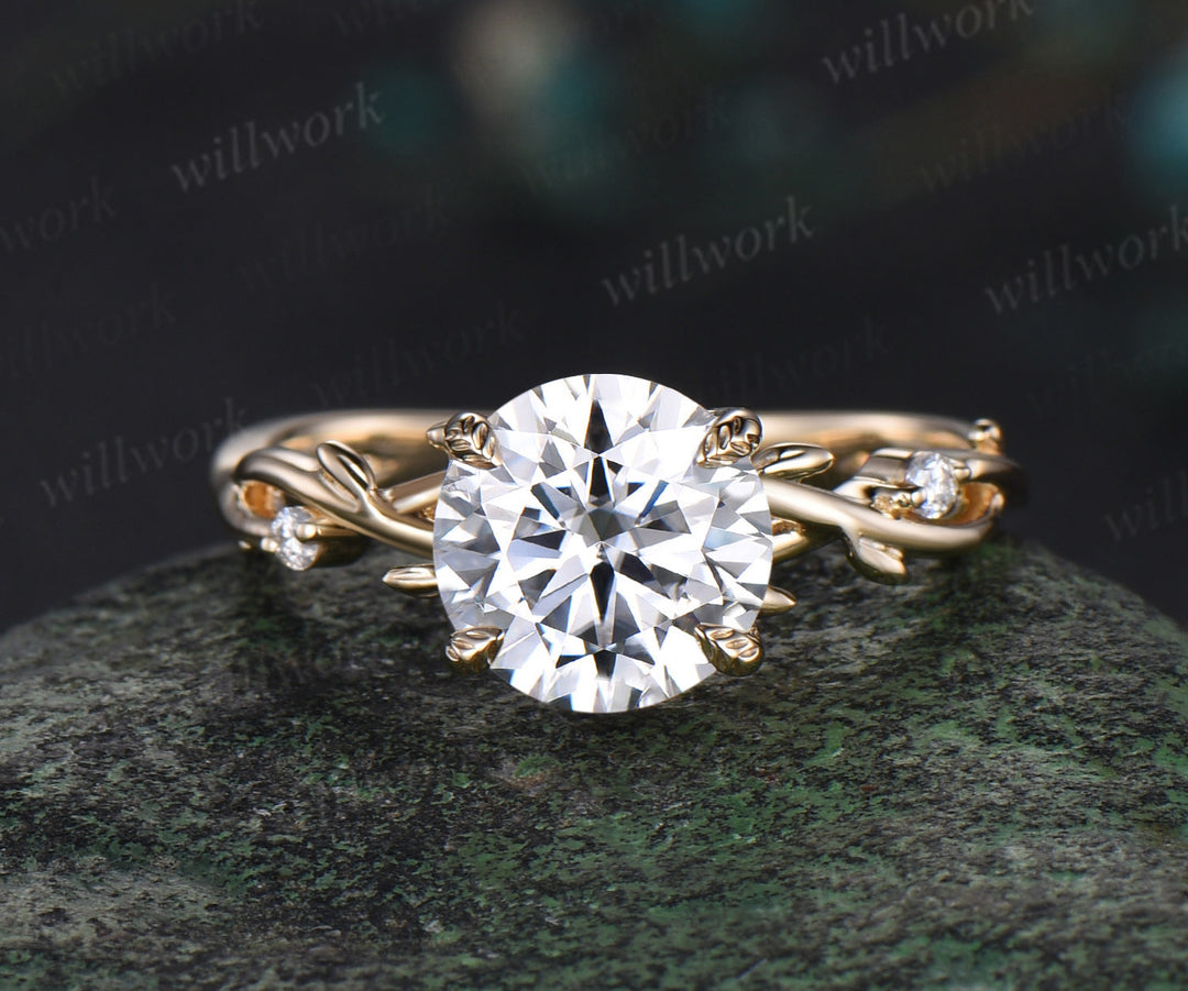 2ct Round cut moissanite engagement ring solid 14k yellow gold leaf claw prong three stone diamond promise wedding ring women