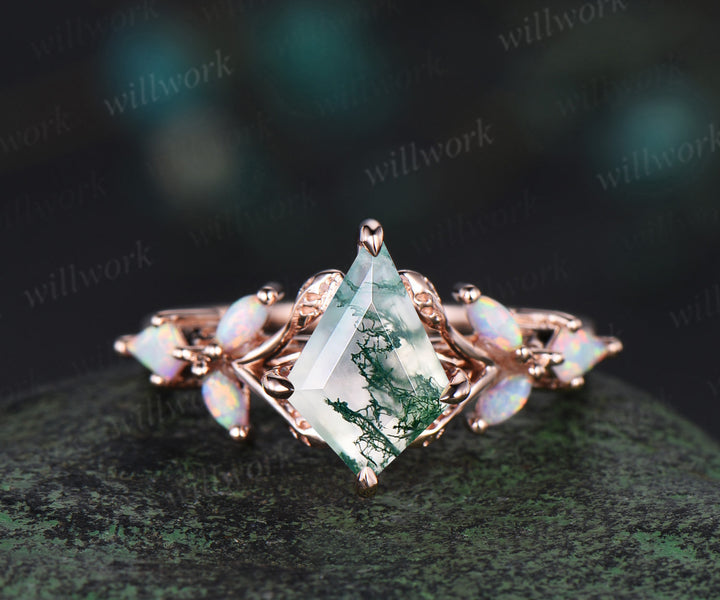 Unique kite cut moss agate engagement ring leaf kite opal ring 14k rose gold art deco promise anniversary gift