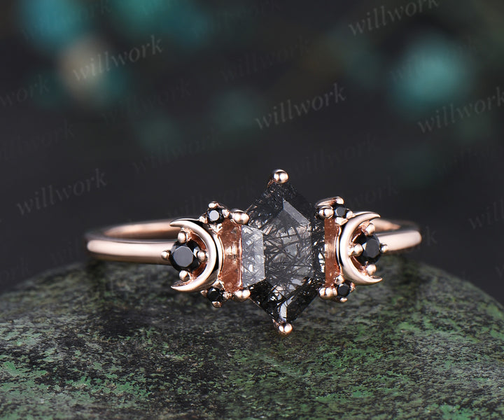 Long Hexagon Cut Black Rutilated Quartz engagement ring 14k rose gold moon 7 stone cluster anniversary ring women gift