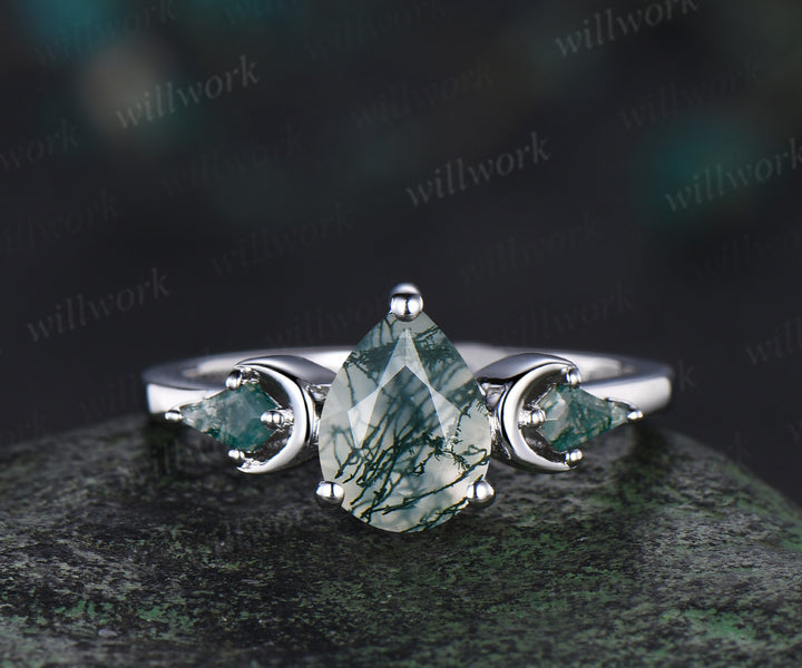 Three stone kite pear green moss agate engagement ring solid 14k white gold vintage black spinel moon bridal promise ring women