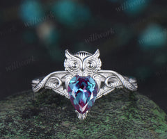 Vintage pear cut Alexandrite Engagement Ring white gold Owl leaf wing twisted Solitaire wedding anniversary ring women gift