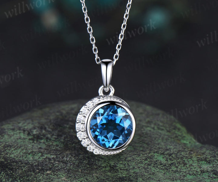 Dainty Round Cut London Blue Topaz Necklace Unique Moissanite Moon Pendant Minimalist December Birthstone Blue Topaz Necklace Women