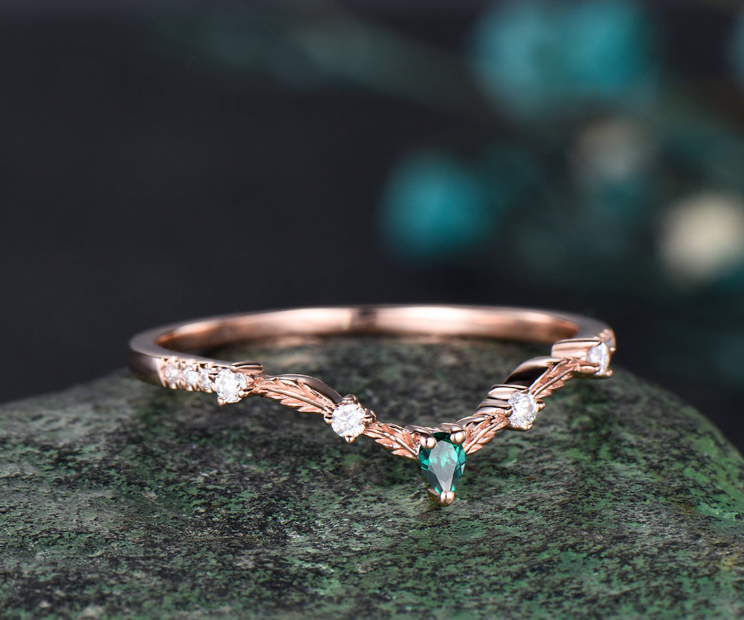 Unique emerald wedding band Vintage Curved V Shaped 14k rose gold