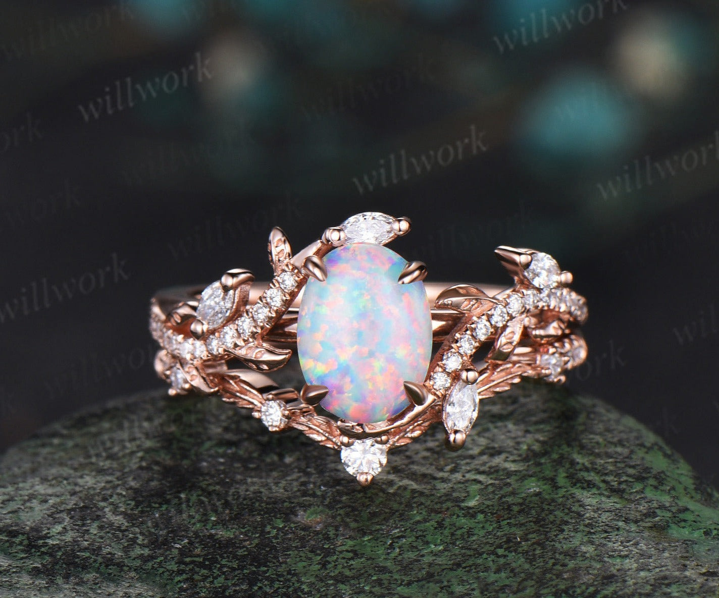 Vine Leaf Design Opal Engagement Ring Set 2 Pc Opal Vintage Wedding Ring popular Set Hexagon Shaped Antique Bridal Promise Ring Set Anniversary Gift